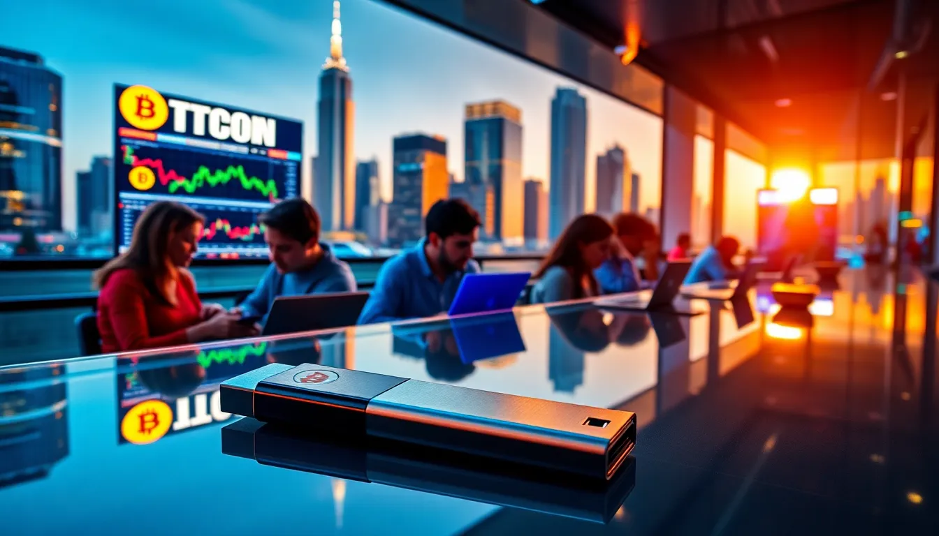 diverse users trading cryptocurrencies on a vibrant exchange platform in a city.