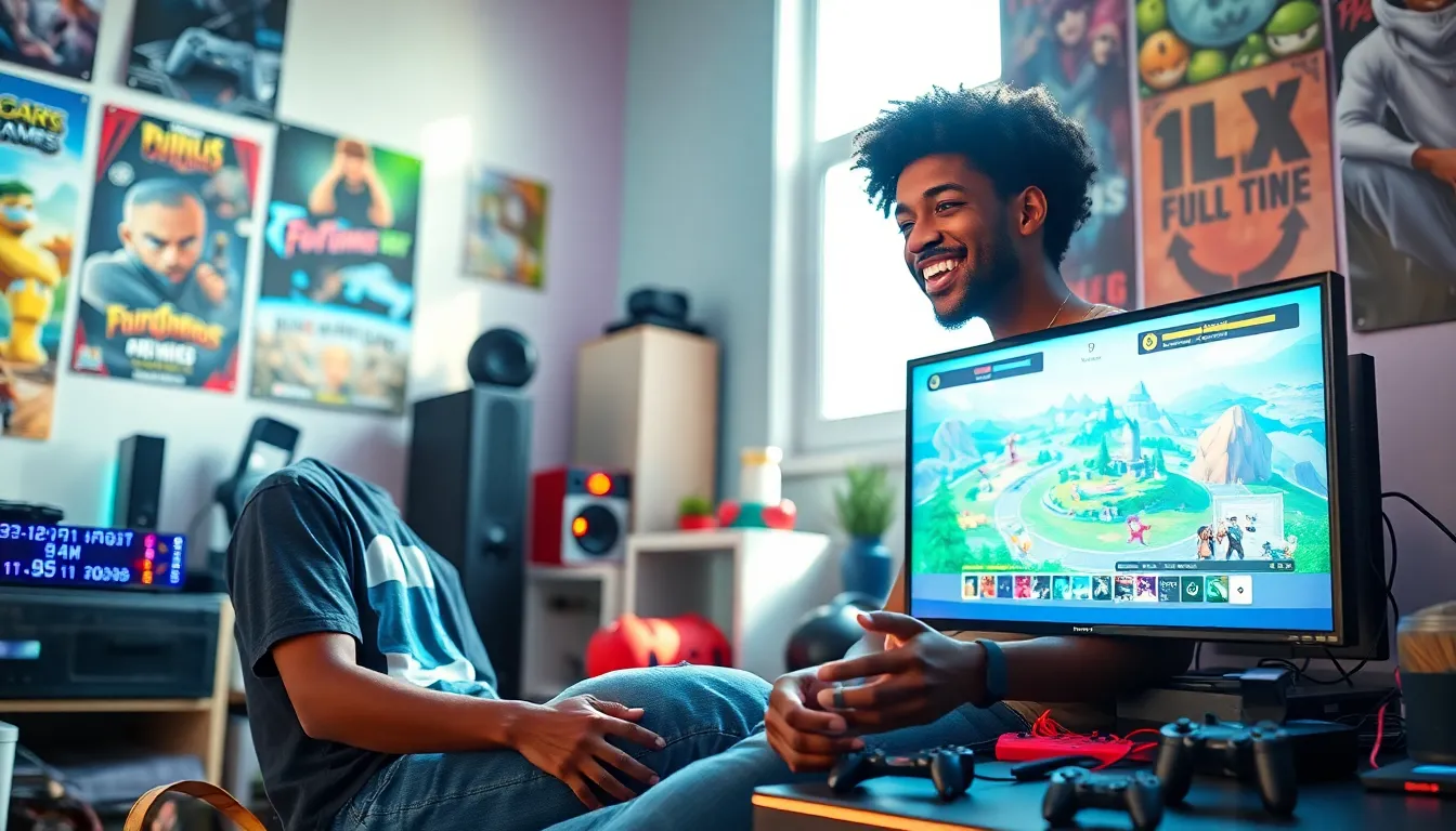 a young adult designing a game on PlayStation in a vibrant room.