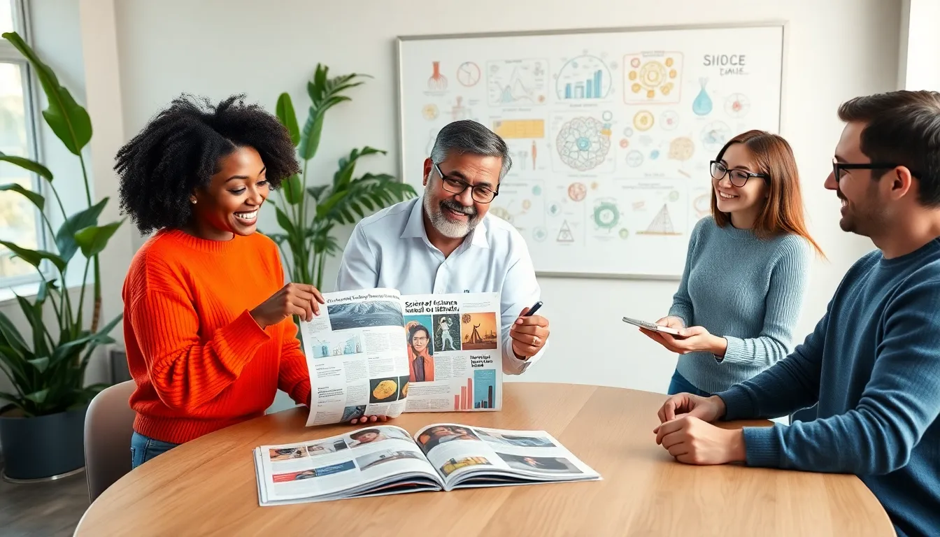 a diverse group discussing science lifestyle magazine in a bright workspace.